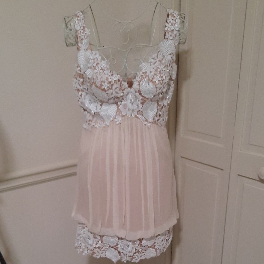 Jovani Floral Silk Lace Dress in Cream and White